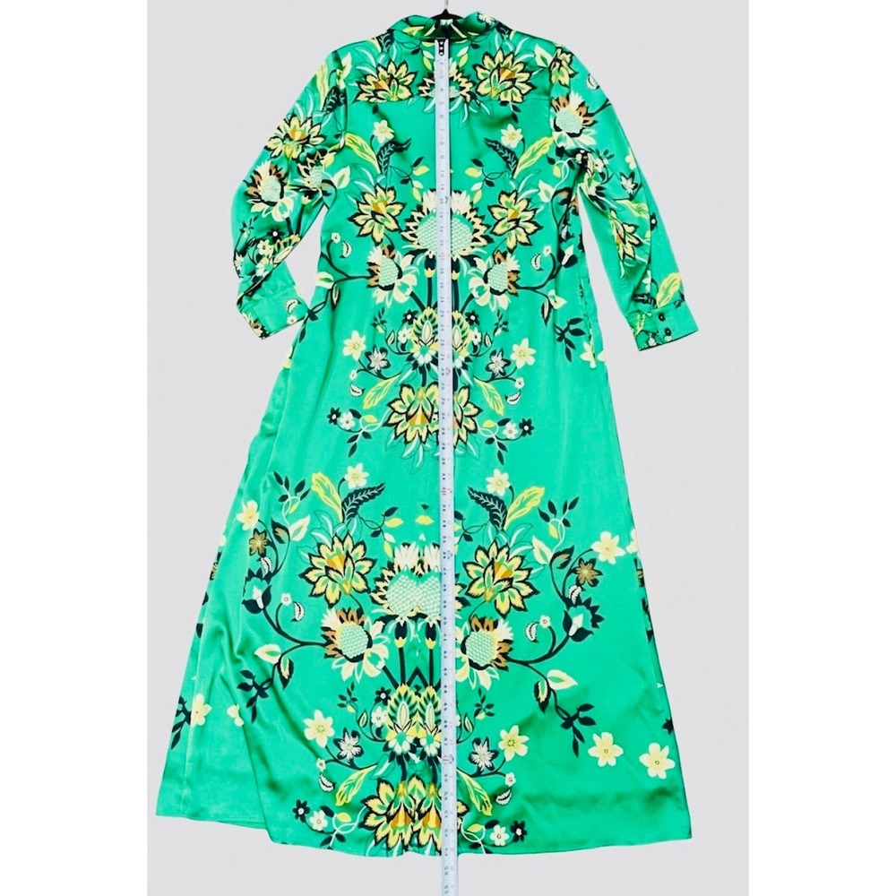 Chicos Size 2 US 12 Green Floral Satin Maxi Shirt Dress Long Sleeve Button Front - Picture 8 of 10